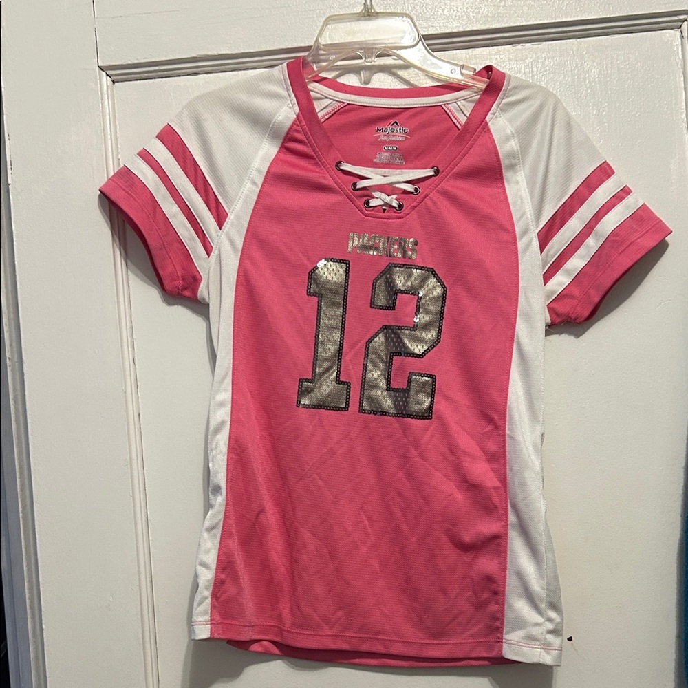 Majestic Pink and White Girls Lace-Up Football Jersey with Metallic 12